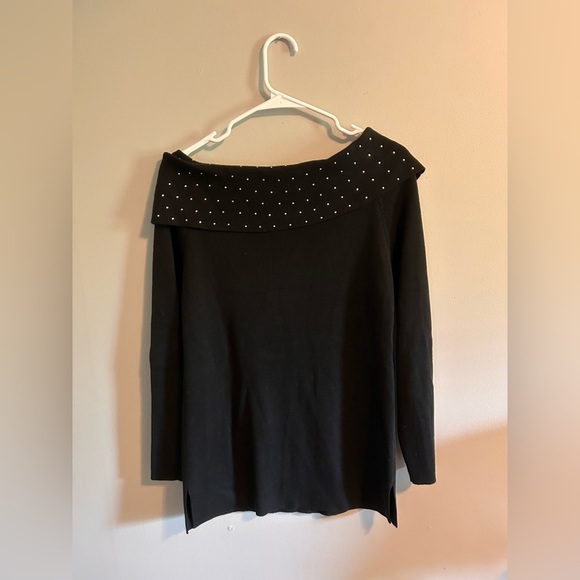 Y2K Quacker Factory Off Shoulder Rhinestone Black Sweater - Picture 3 of 4